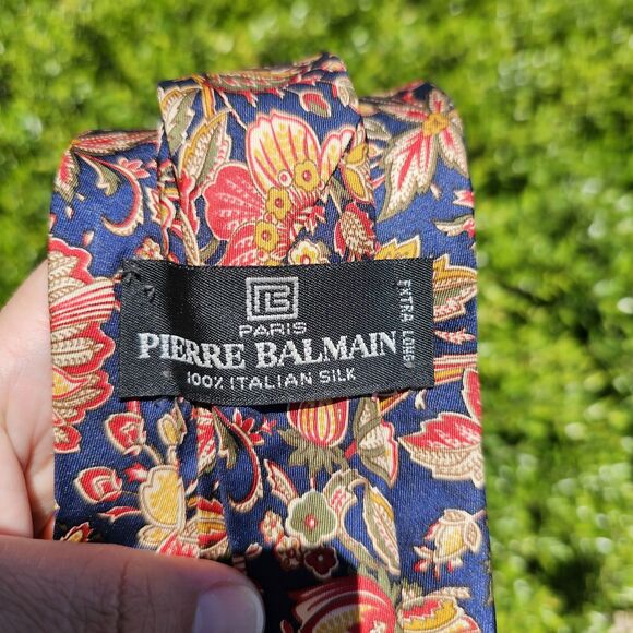 Pierre Balmain Paris Italian Silk Tie Extra Long Navy Blue Floral Designer - Picture 3 of 3